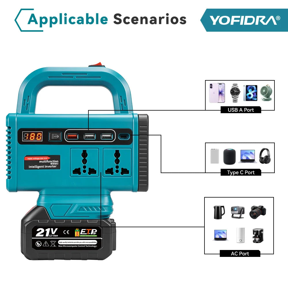 Multifunction Portable Inverter with 14.8V Battery, Universal Sockets, USB Ports & LED Torch | Best Portable Power Station India