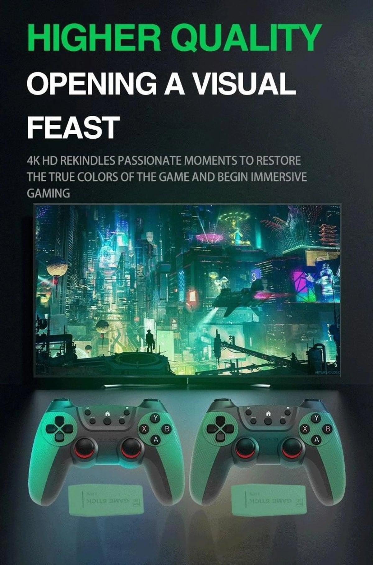 M22 Ultra Gamestick with Green Black Gaming Controllers, 25000+ Games & PSP Classics | New Gaming Stick