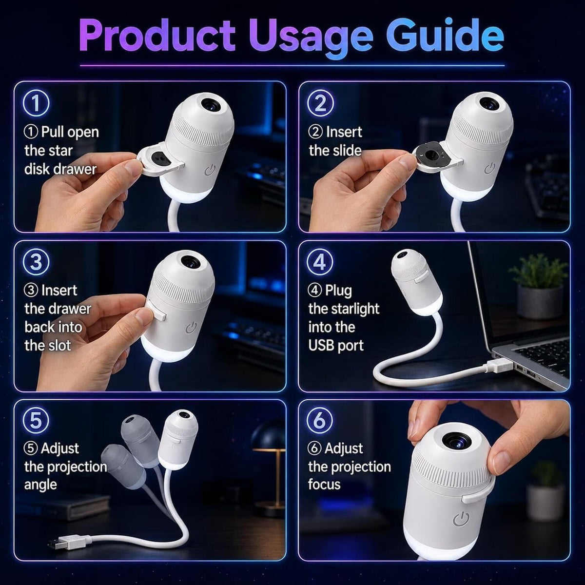 USB Galaxy Star Projector with 6 Slides, 360° Projection & Night Light | Best Room Decor Projector India