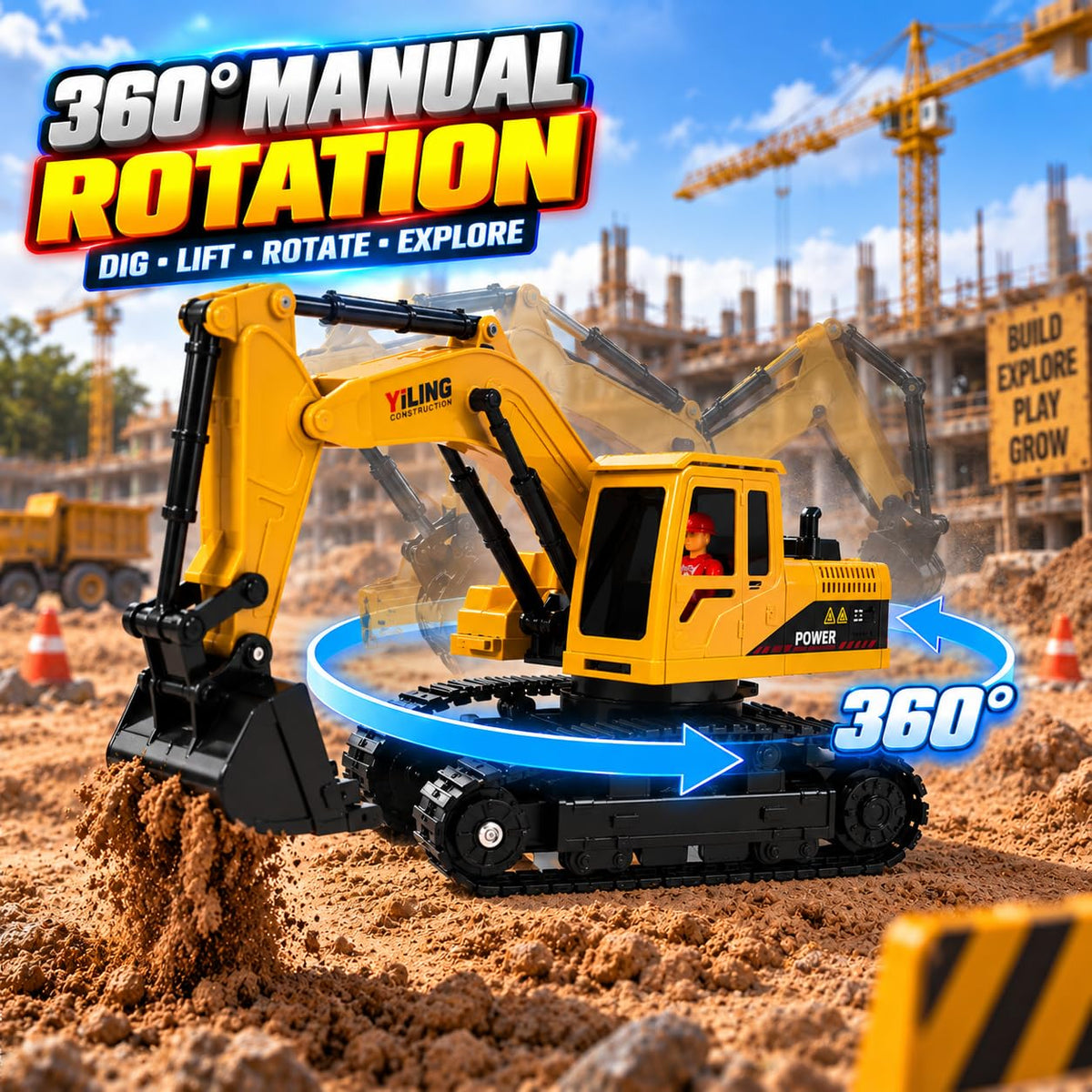 RC JCB Excavator with Working Arm, 360° Rotation, Metal Bucket & Free Dump Truck | Best RC Construction Toy