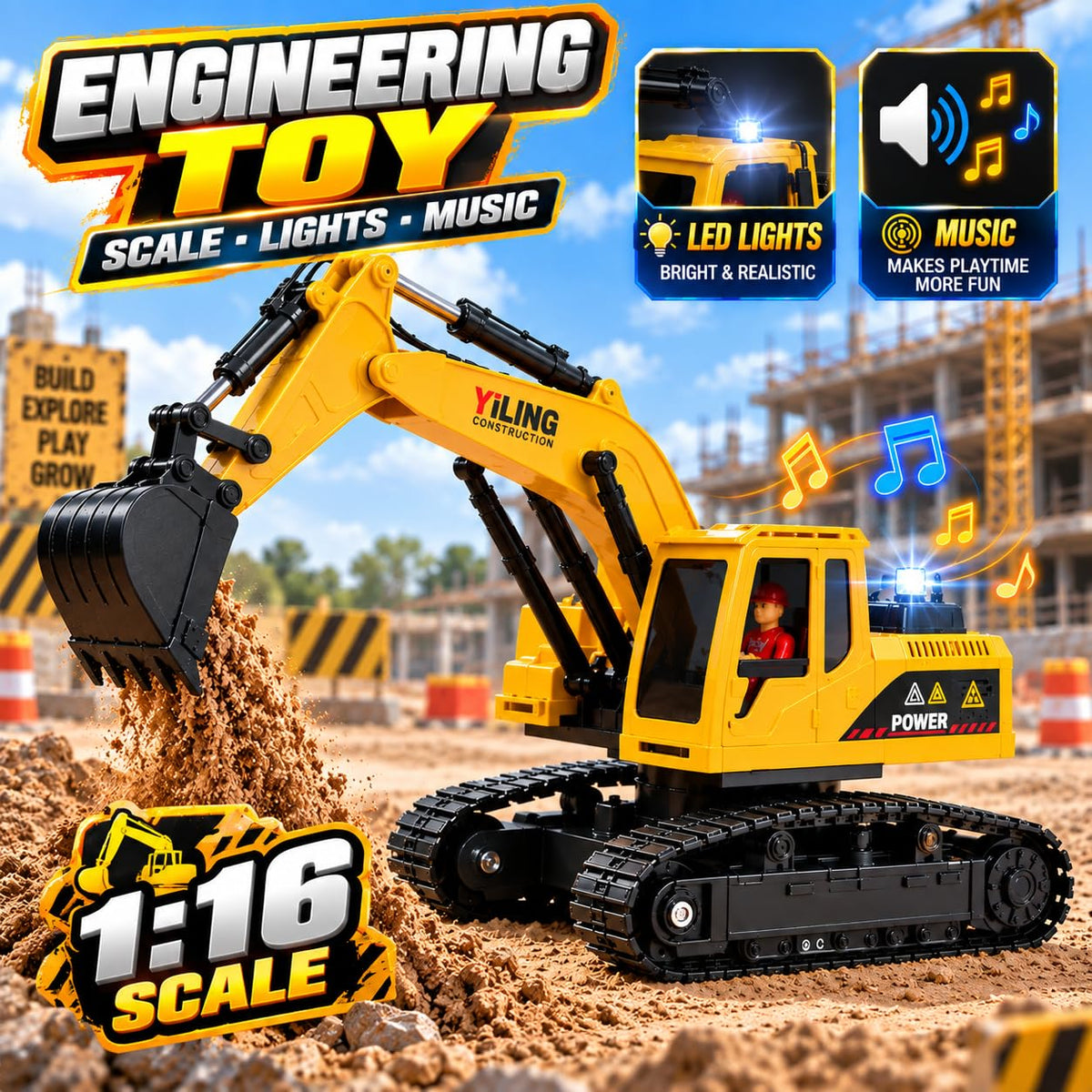 RC JCB Excavator with Working Arm, 360° Rotation, Metal Bucket & Free Dump Truck | Best RC Construction Toy