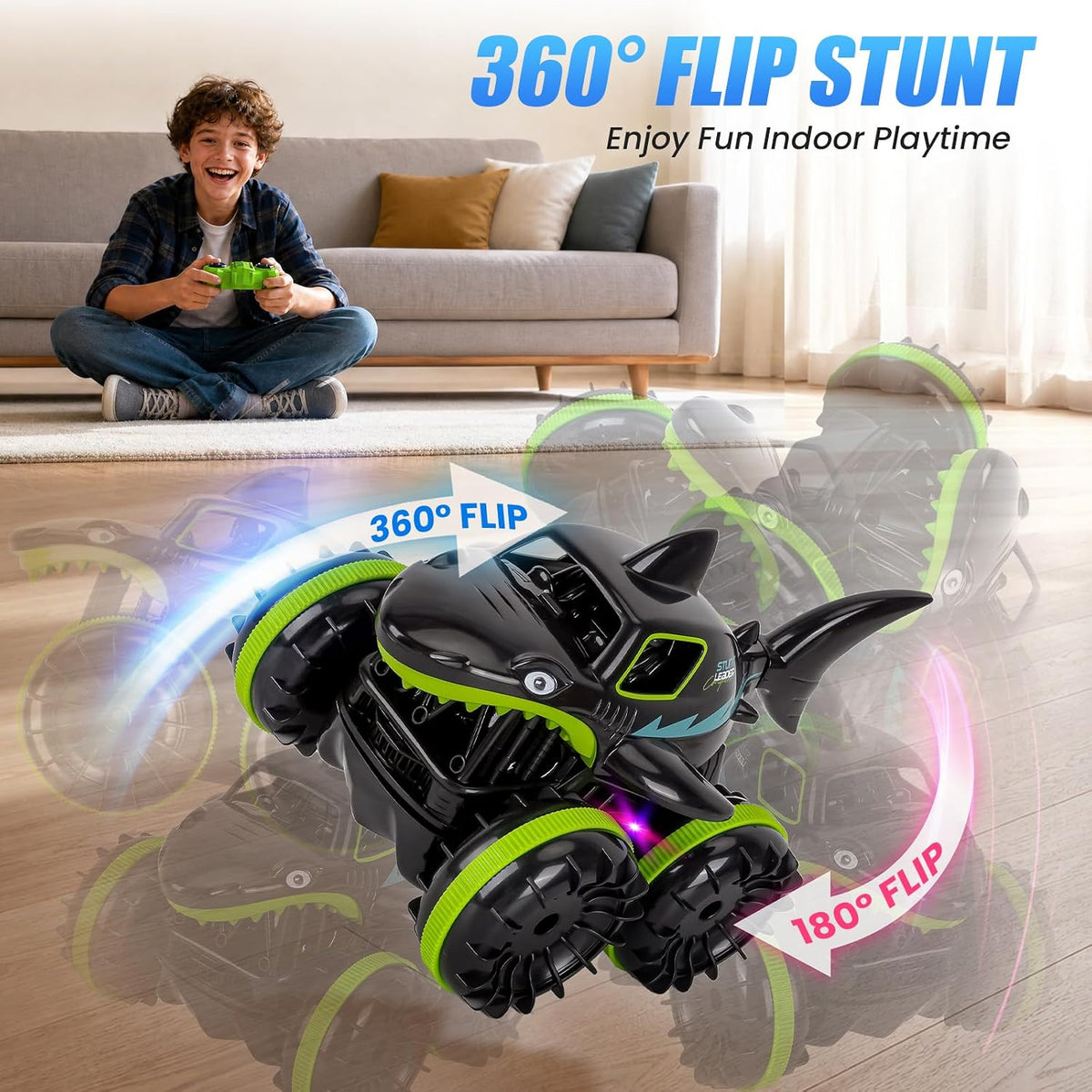 2 in 1 Shark RC Stunt Car — Runs on Land & Water | 360° Flip, LED Lights & Rechargeable