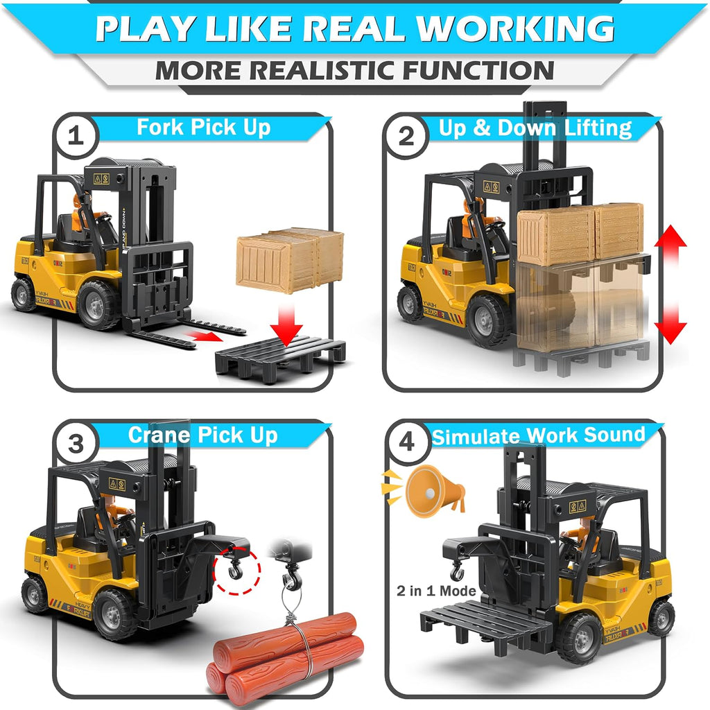 1:24 RC Forklift Toy for Kids, 2 in 1 Lift Fork & Hook Dual Modes