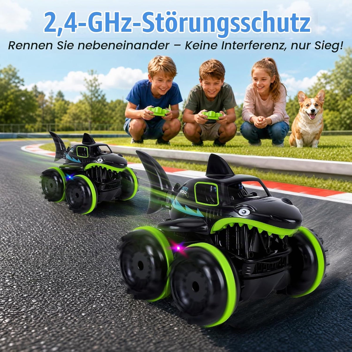 2 in 1 Shark RC Stunt Car — Runs on Land & Water | 360° Flip, LED Lights & Rechargeable