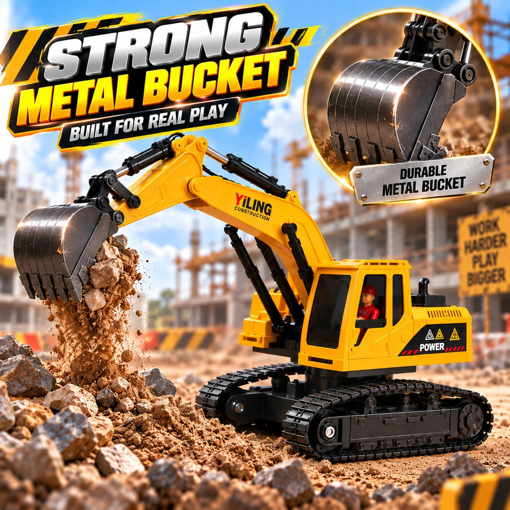 RC JCB Excavator with Working Arm, 360° Rotation, Metal Bucket & Free Dump Truck | Best RC Construction Toy