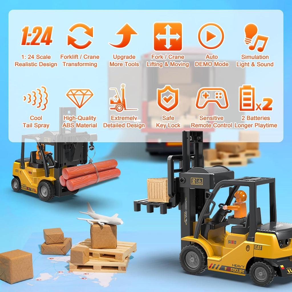 1:24 RC Forklift Toy for Kids, 2 in 1 Lift Fork & Hook Dual Modes