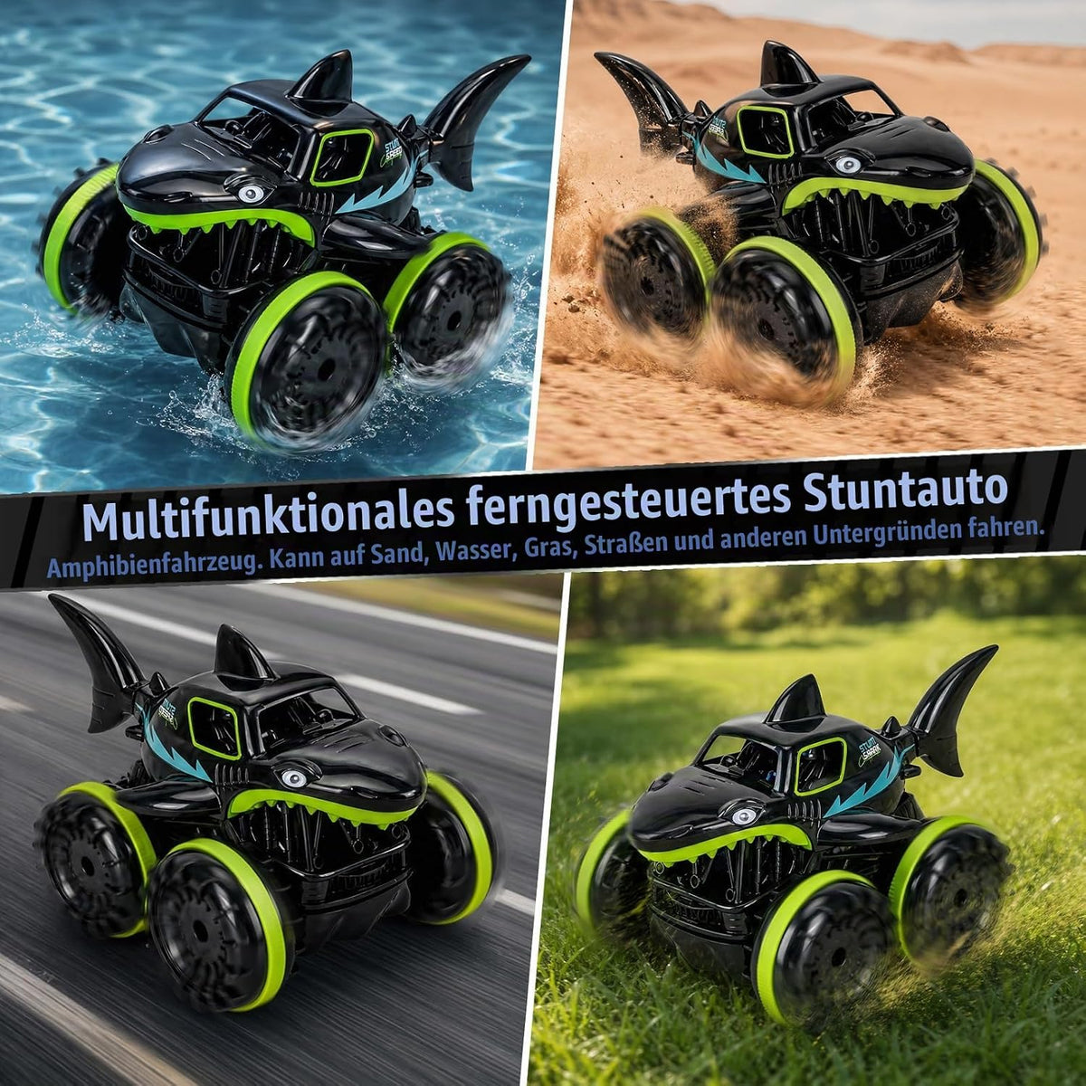 2 in 1 Shark RC Stunt Car — Runs on Land & Water | 360° Flip, LED Lights & Rechargeable