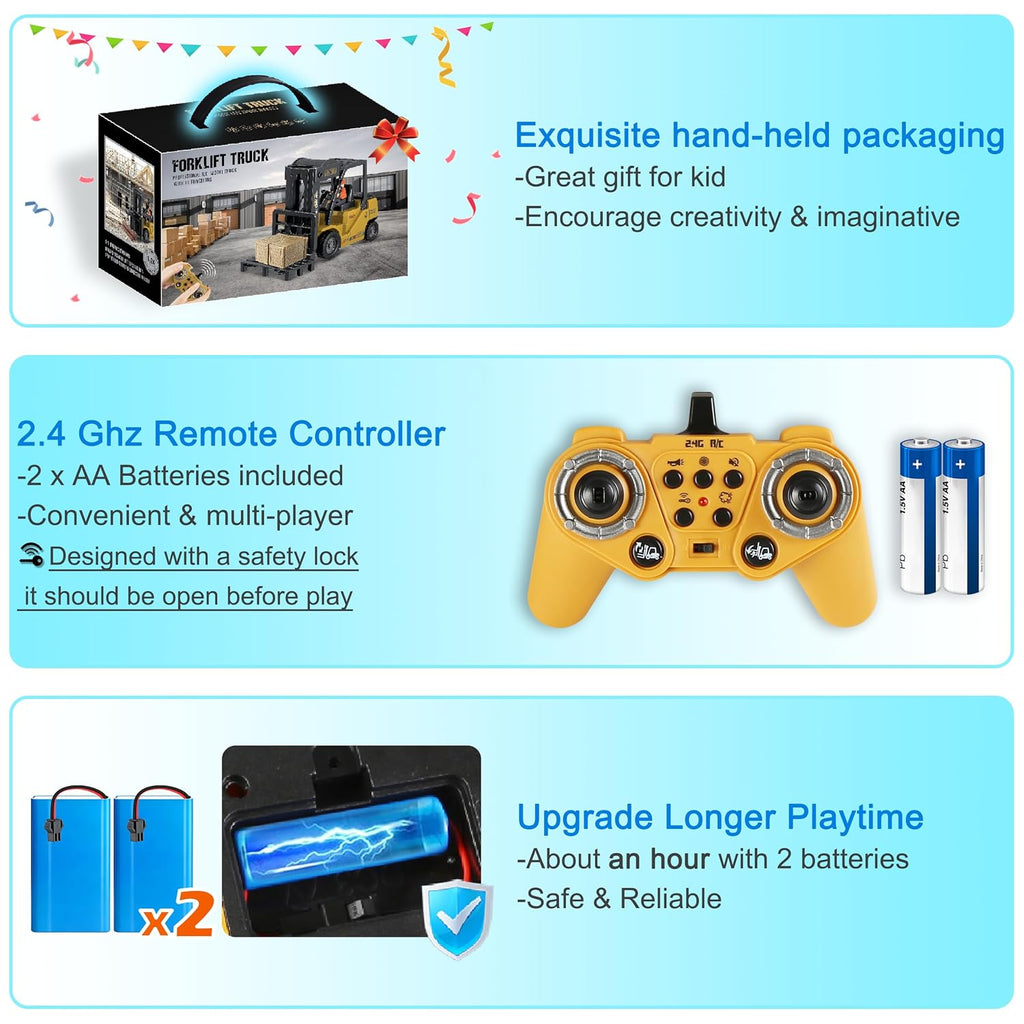 1:24 RC Forklift Toy for Kids, 2 in 1 Lift Fork & Hook Dual Modes