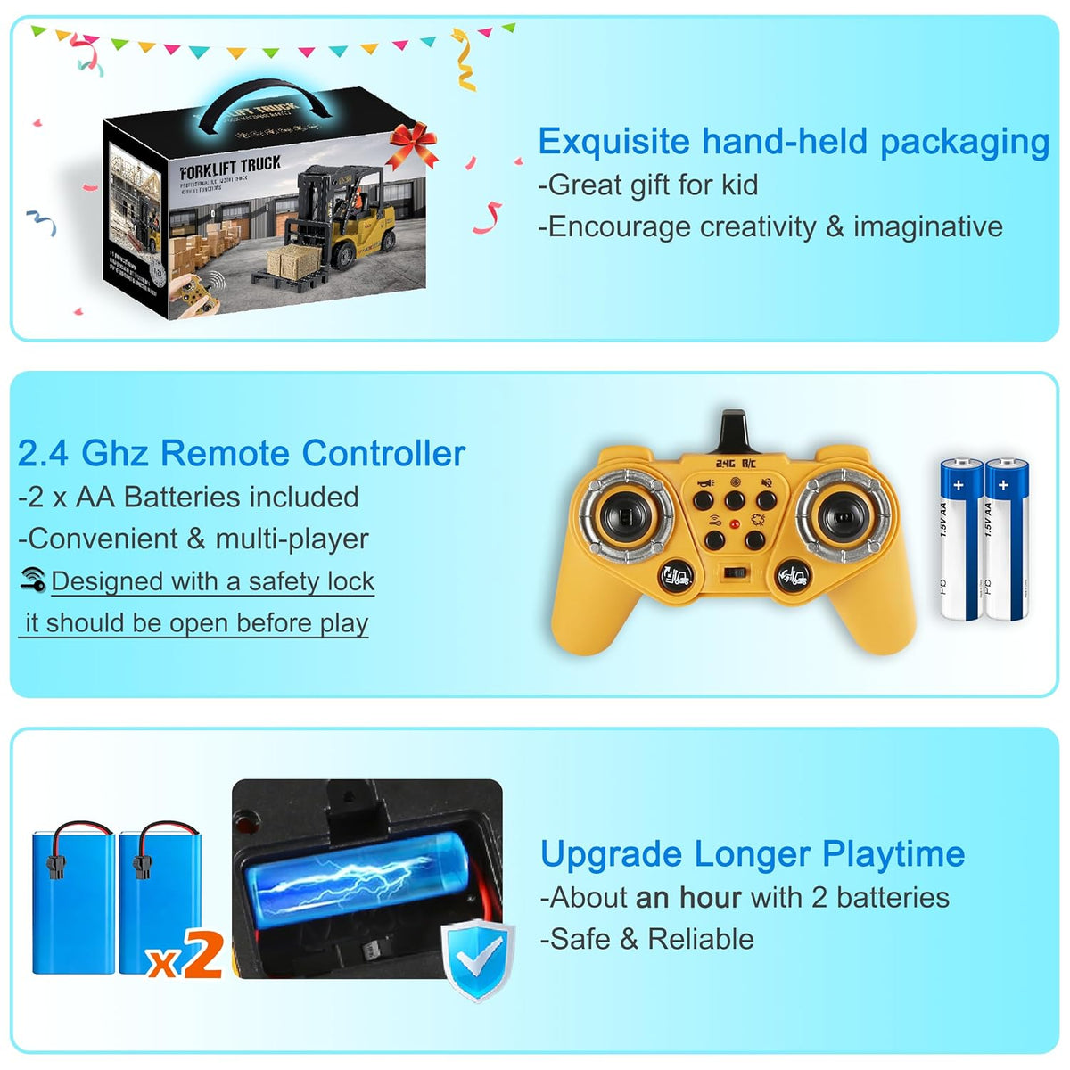 1:24 RC Forklift Toy for Kids, 2 in 1 Lift Fork & Hook Dual Modes