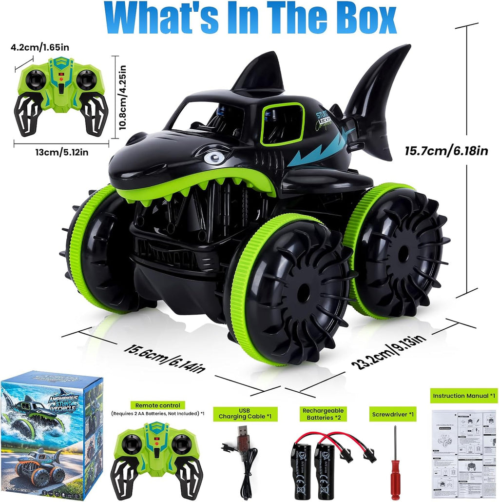 2 in 1 Shark RC Stunt Car — Runs on Land & Water | 360° Flip, LED Lights & Rechargeable